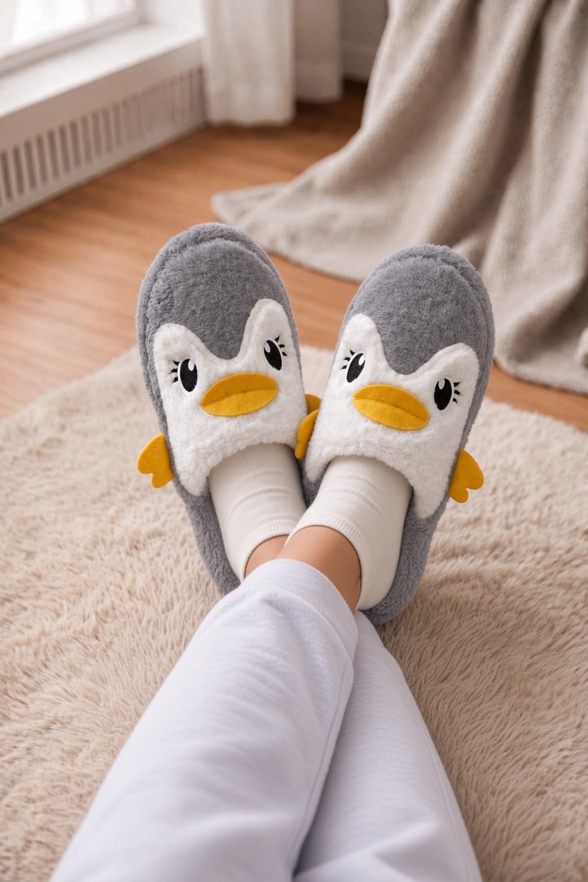 Şirin Penguen Figürlü Kışlık Kadın Panduf – Yumuşacık & Sıcak Tutan Hediye Peluş Ev Terliği