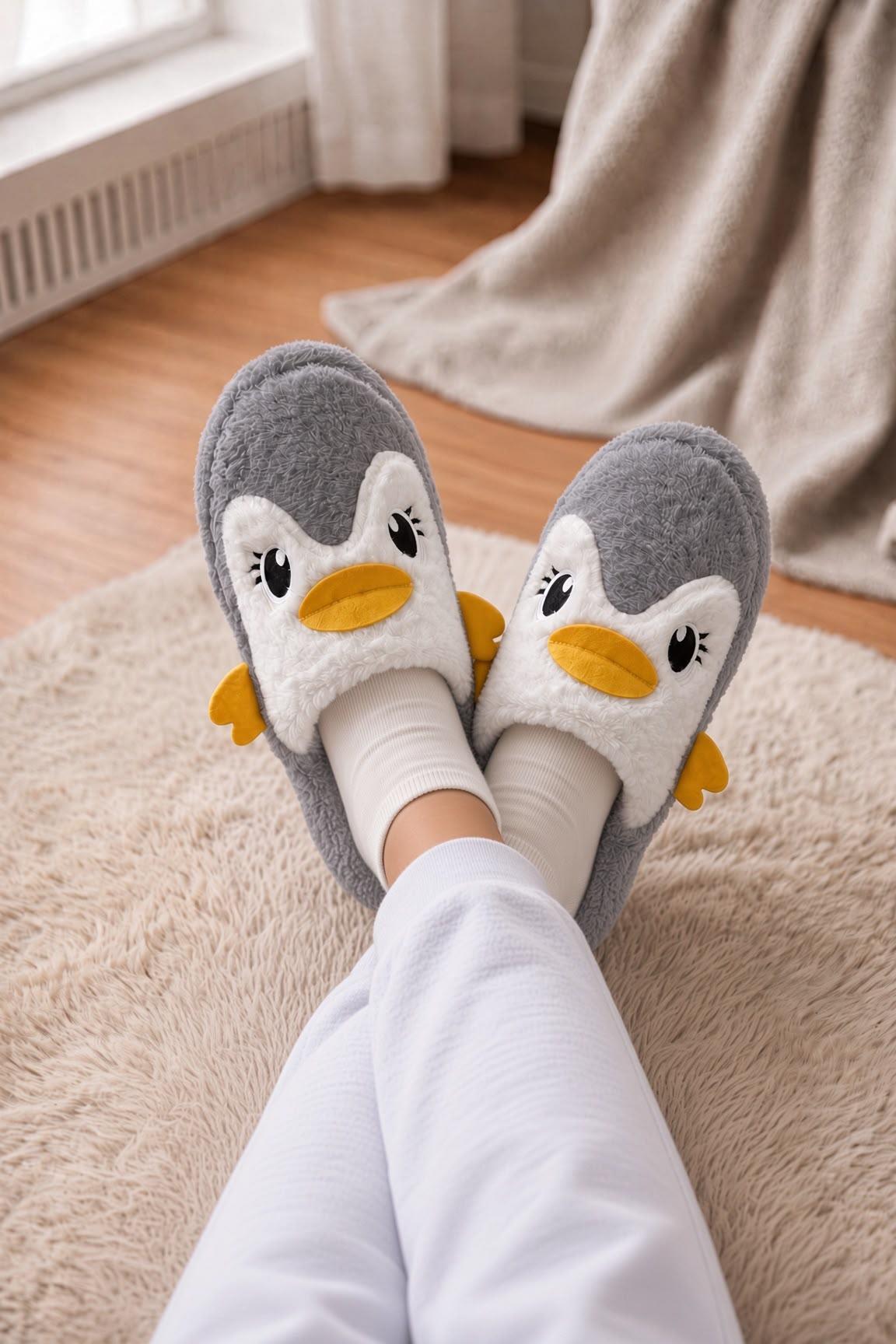 Şirin Penguen Figürlü Kışlık Kadın Panduf – Yumuşacık & Sıcak Tutan Hediye Peluş Ev Terliği