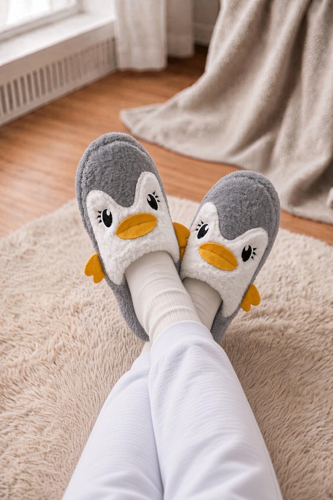 Şirin Penguen Figürlü Kışlık Kadın Panduf – Yumuşacık & Sıcak Tutan Hediye Peluş Ev Terliği