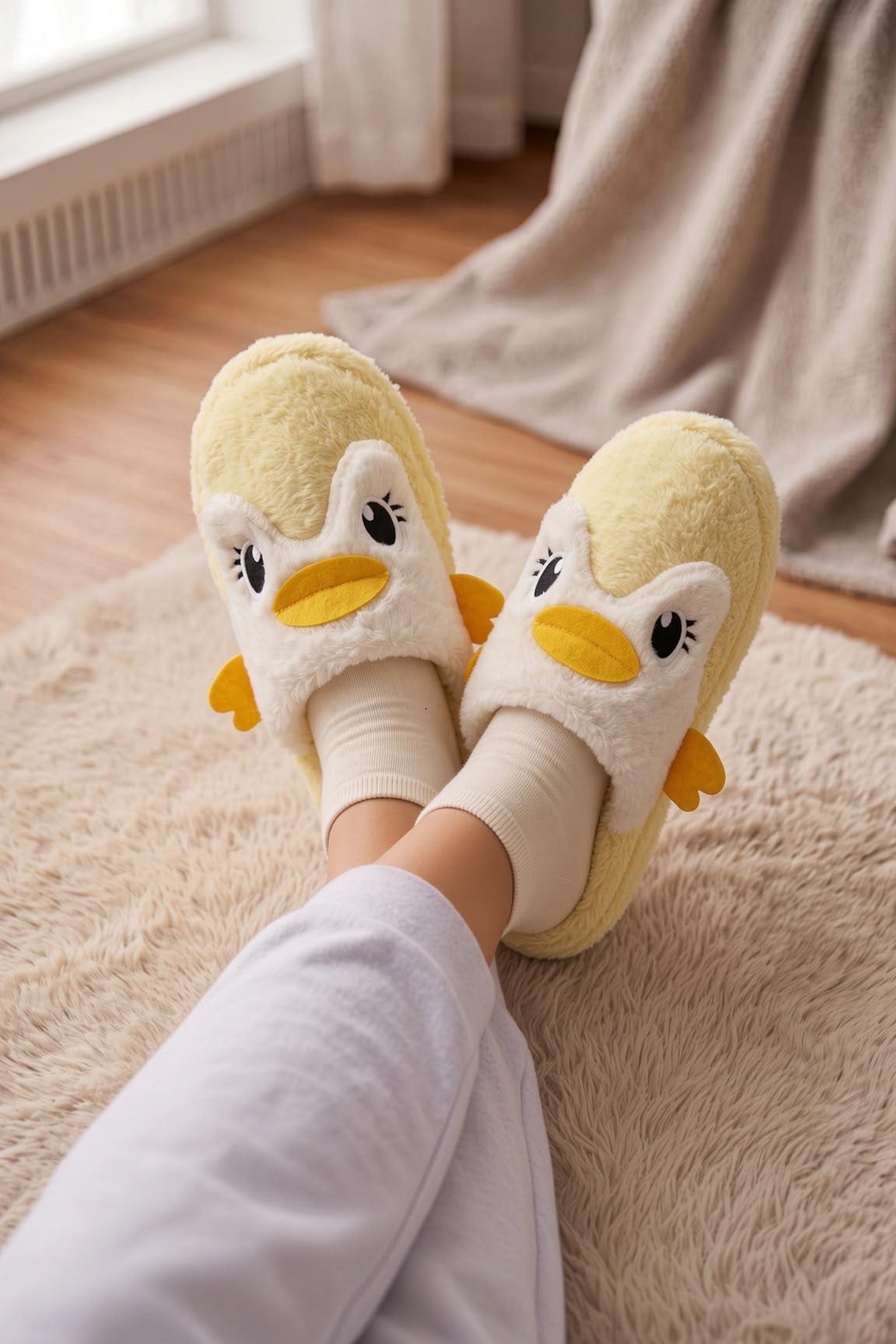 Şirin Penguen Figürlü Kışlık Kadın Panduf – Yumuşacık & Sıcak Tutan Hediye Peluş Ev Terliği