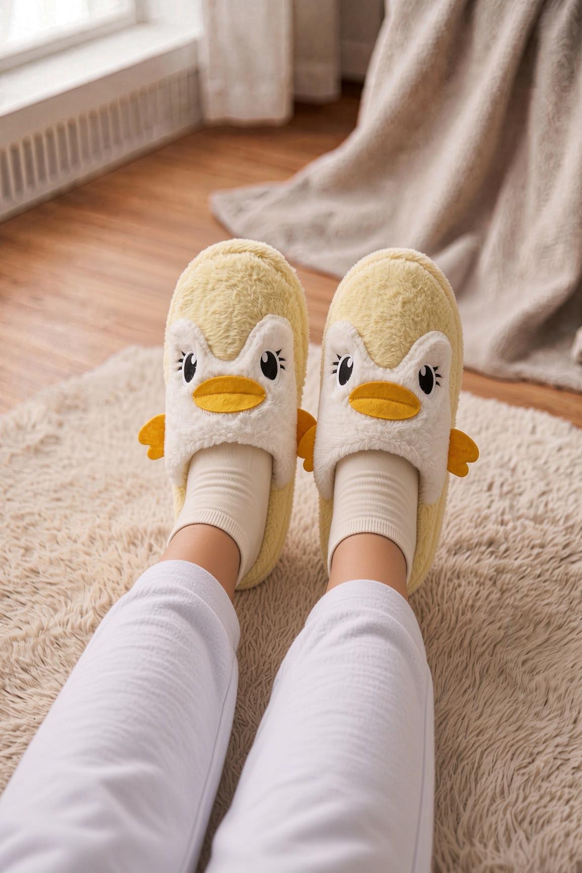 Şirin Penguen Figürlü Kışlık Kadın Panduf – Yumuşacık & Sıcak Tutan Hediye Peluş Ev Terliği