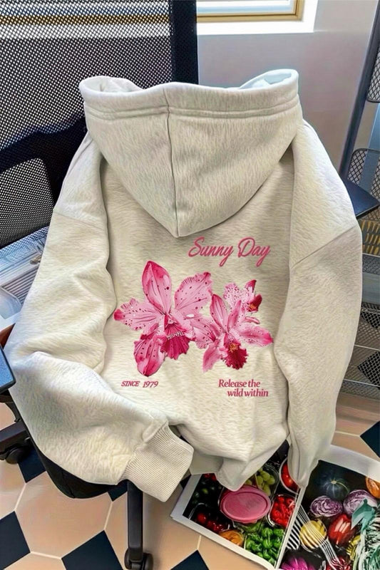Sunny Day Botanical Sırt Baskılı Oversize Kapüşonlu Sweatshirt | Çiçek Desenli Şardonlu Kumaş Hoodie