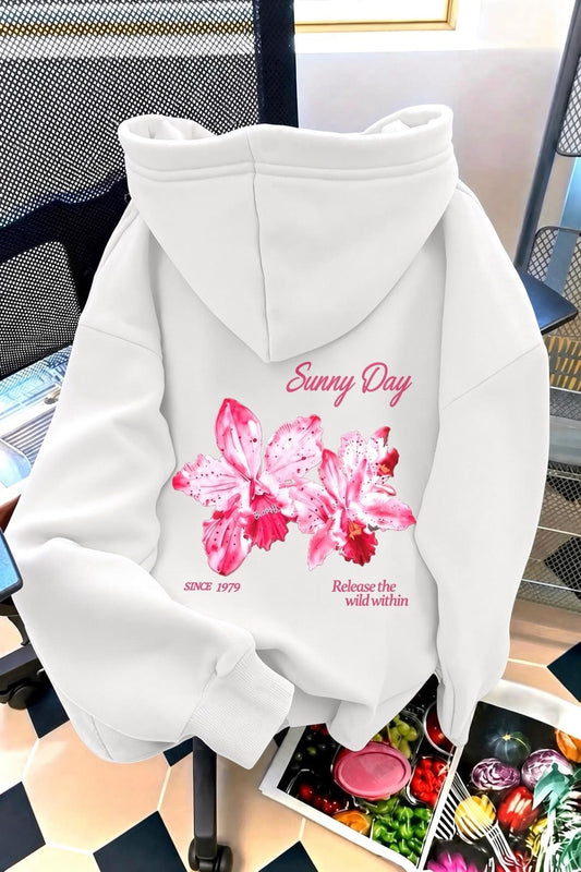 Sunny Day Botanical Sırt Baskılı Oversize Kapüşonlu Sweatshirt | Çiçek Desenli Şardonlu Kumaş Hoodie