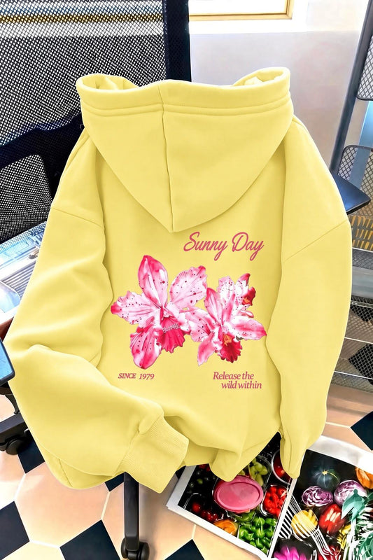 Sunny Day Botanical Sırt Baskılı Oversize Kapüşonlu Sweatshirt | Çiçek Desenli Şardonlu Kumaş Hoodie