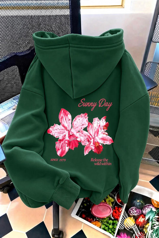 Sunny Day Botanical Sırt Baskılı Oversize Kapüşonlu Sweatshirt | Çiçek Desenli Şardonlu Kumaş Hoodie