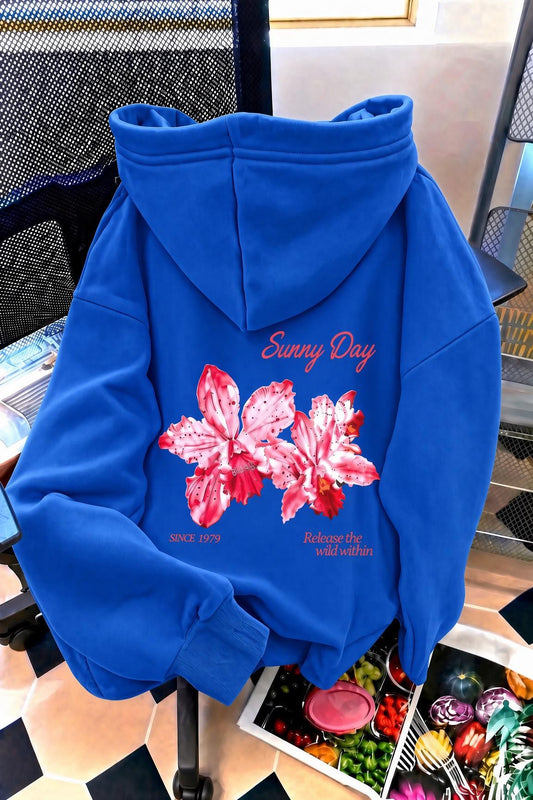 Sunny Day Botanical Sırt Baskılı Oversize Kapüşonlu Sweatshirt | Çiçek Desenli Şardonlu Kumaş Hoodie