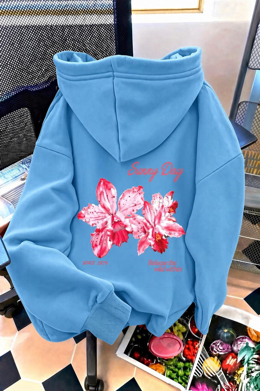 Sunny Day Botanical Sırt Baskılı Oversize Kapüşonlu Sweatshirt | Çiçek Desenli Şardonlu Kumaş Hoodie