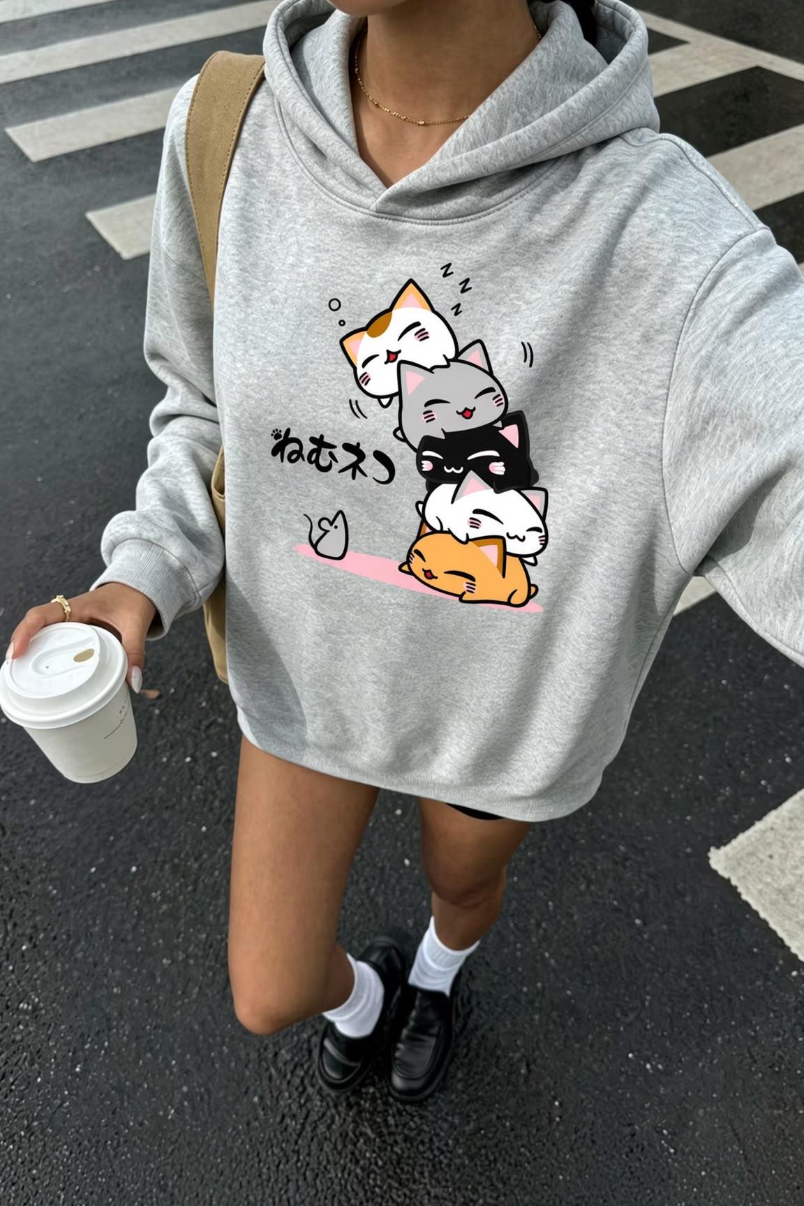 Sw Anime Kedi Tasarımlı Oversize Sweatshirt, Kanguru Cepli İçi Şardonlu Kadın Kapşonlu Üst