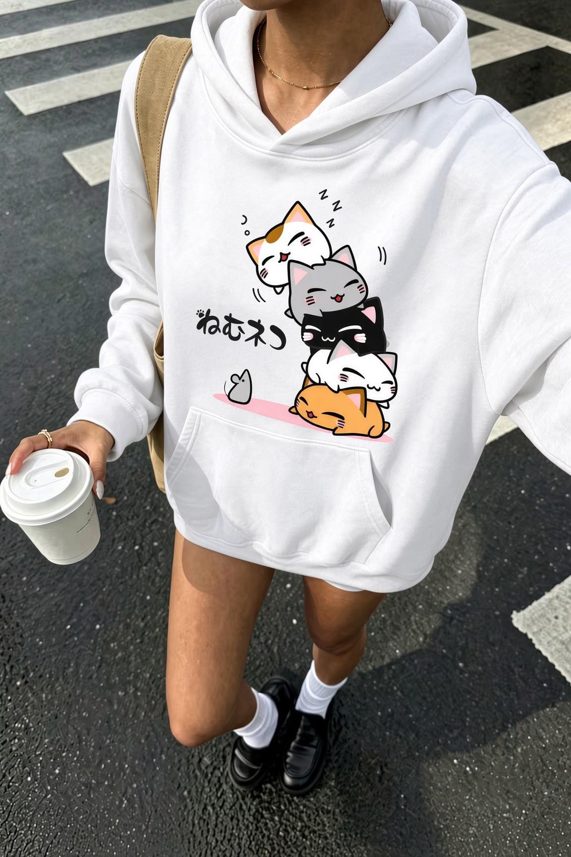 Sw Anime Kedi Tasarımlı Oversize Sweatshirt, Kanguru Cepli İçi Şardonlu Kadın Kapşonlu Üst