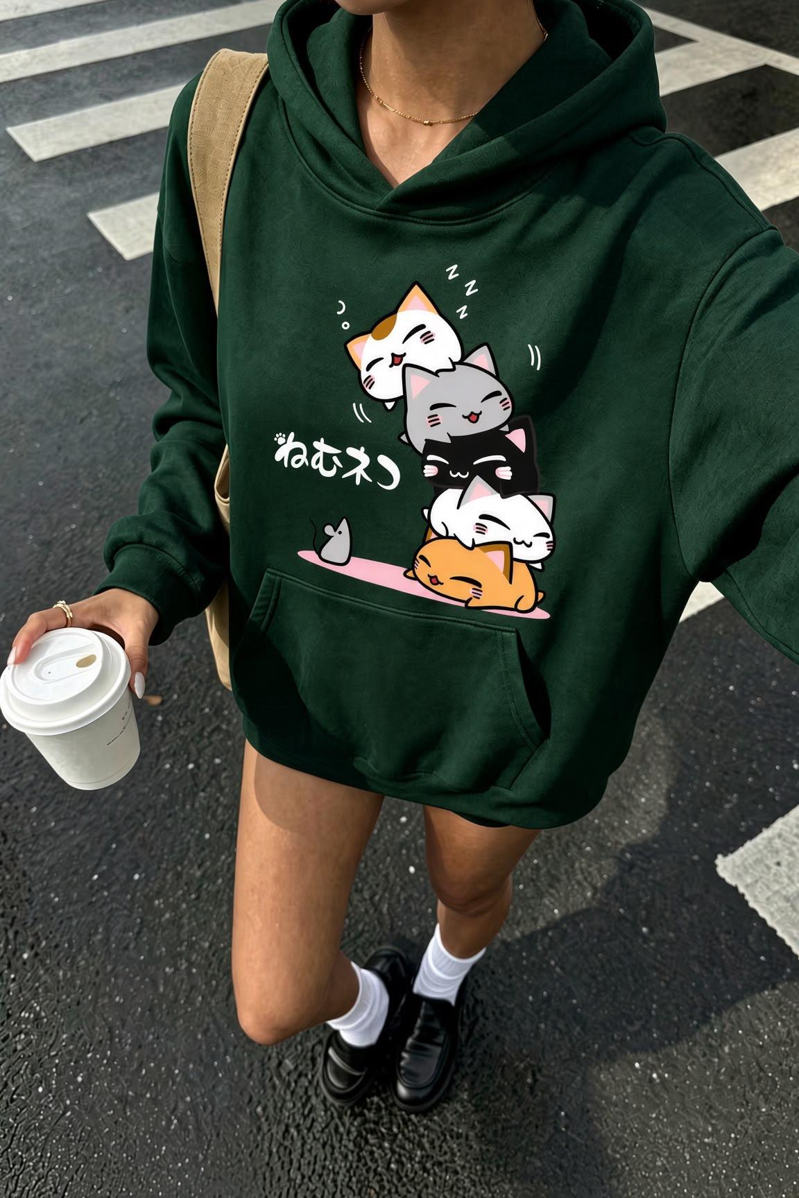 Sw Anime Kedi Tasarımlı Oversize Sweatshirt, Kanguru Cepli İçi Şardonlu Kadın Kapşonlu Üst