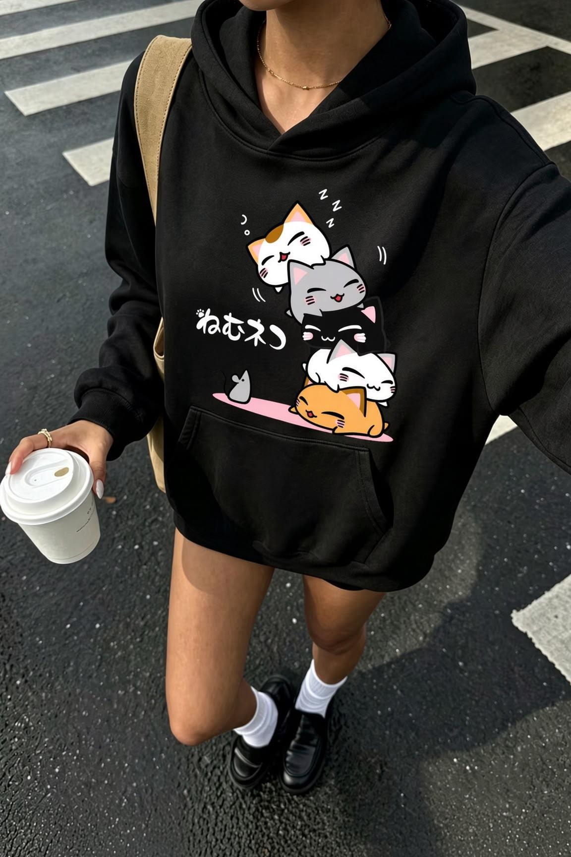 Sw Anime Kedi Tasarımlı Oversize Sweatshirt, Kanguru Cepli İçi Şardonlu Kadın Kapşonlu Üst