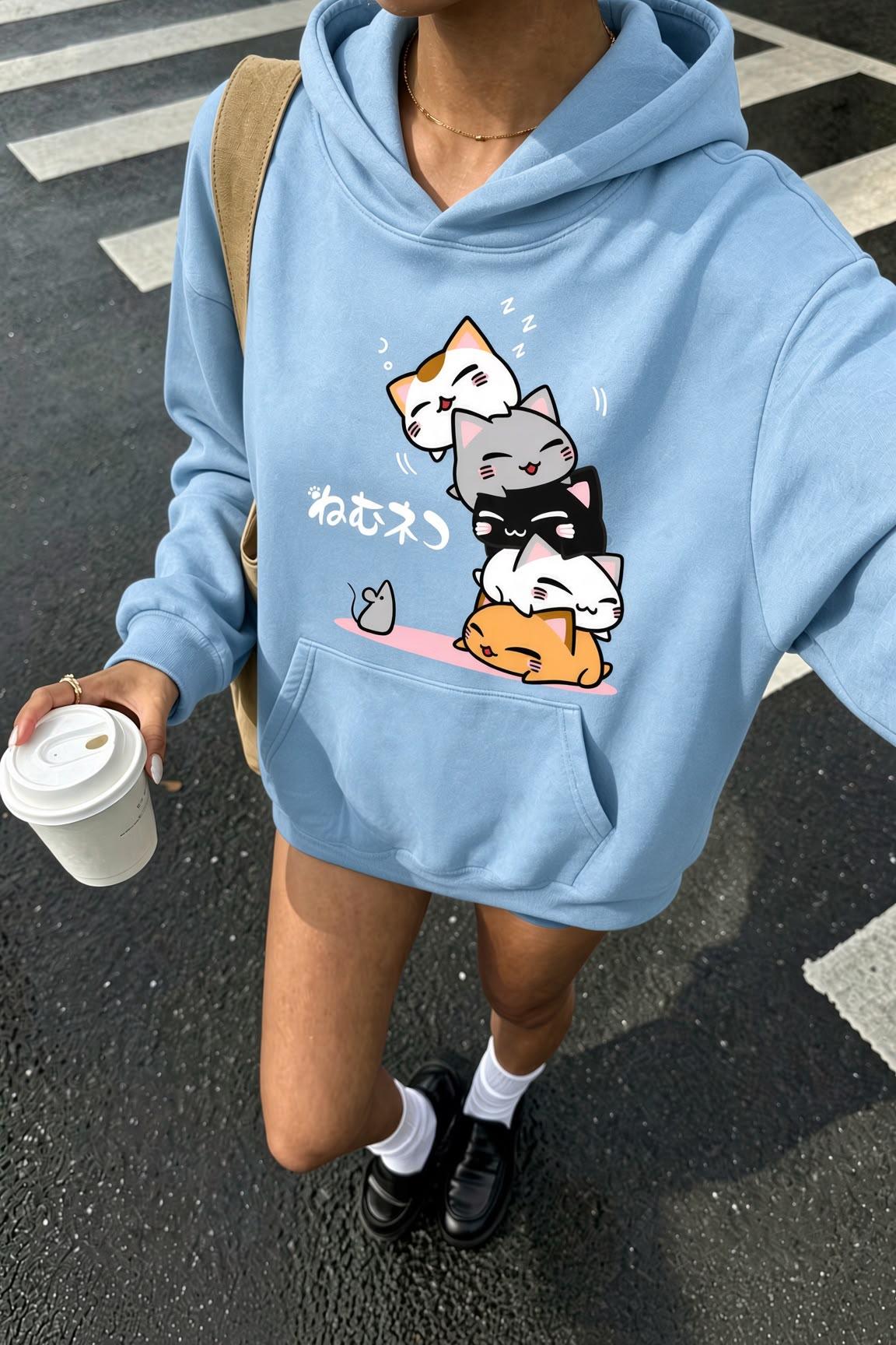 Sw Anime Kedi Tasarımlı Oversize Sweatshirt, Kanguru Cepli İçi Şardonlu Kadın Kapşonlu Üst