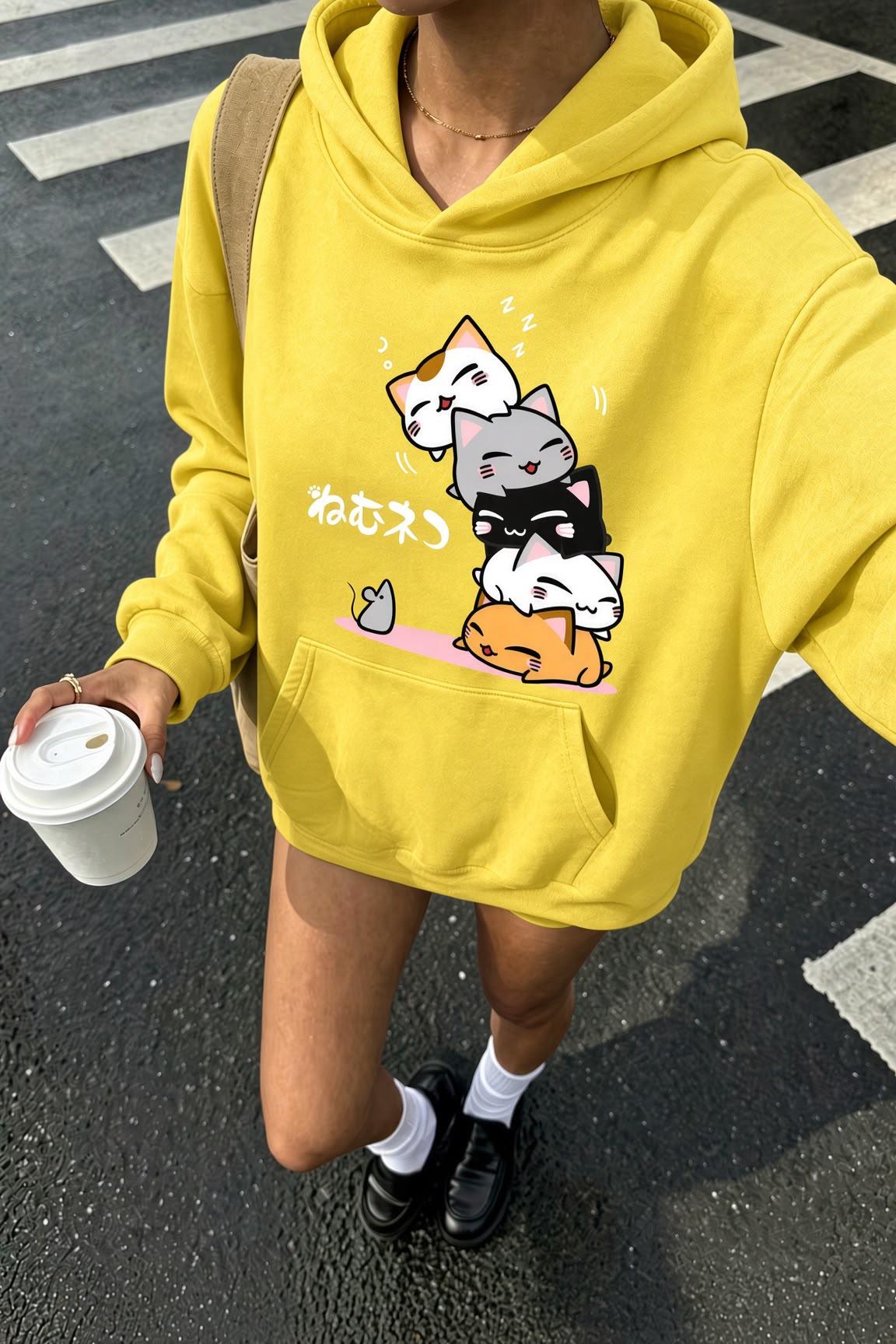 Sw Anime Kedi Tasarımlı Oversize Sweatshirt, Kanguru Cepli İçi Şardonlu Kadın Kapşonlu Üst