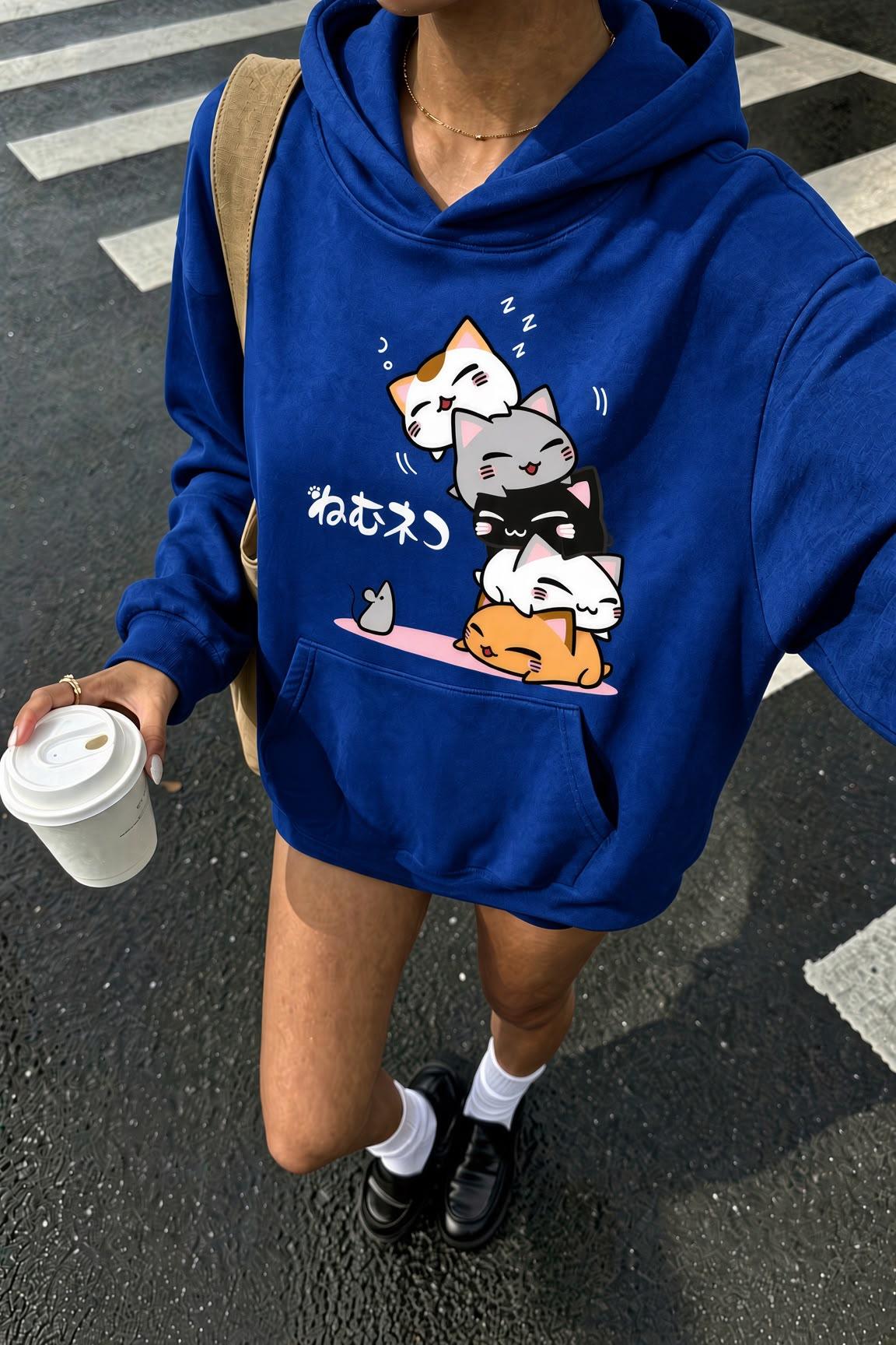 Sw Anime Kedi Tasarımlı Oversize Sweatshirt, Kanguru Cepli İçi Şardonlu Kadın Kapşonlu Üst