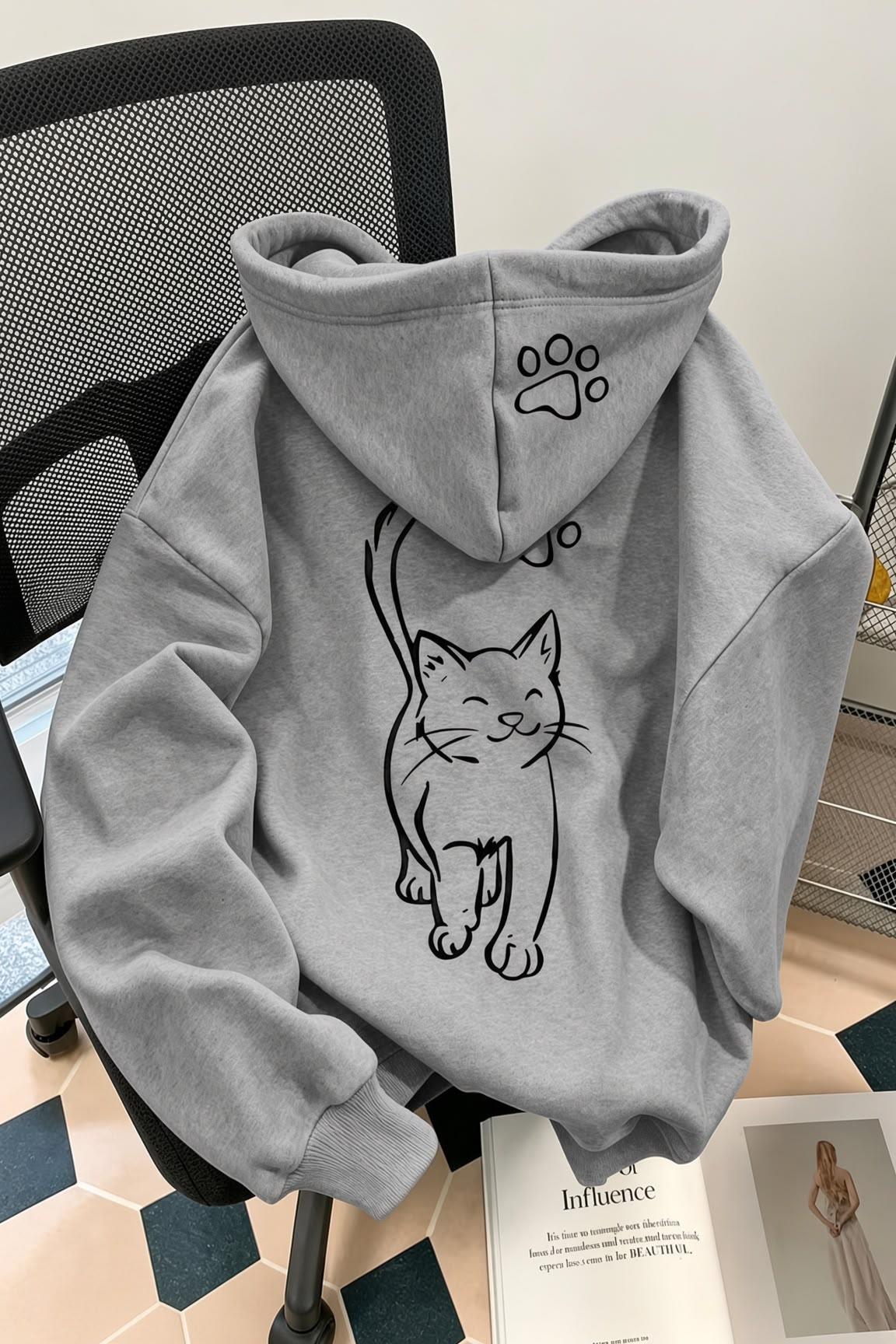 Sw Design Cat Sokak Modası Oversize Siyah/Gri Hoodie - Kedi Severler İçin Kapüşonlu Sweatshirt