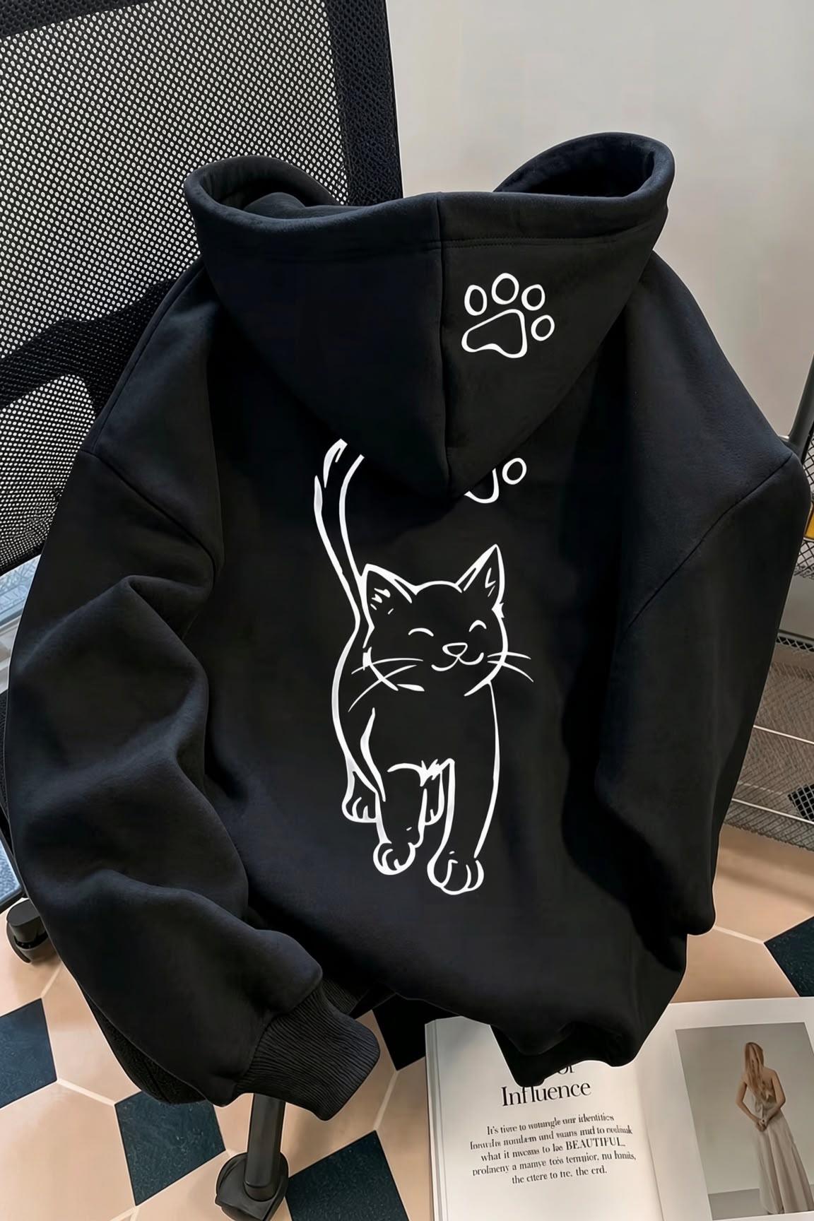 Sw Design Cat Sokak Modası Oversize Siyah/Gri Hoodie - Kedi Severler İçin Kapüşonlu Sweatshirt