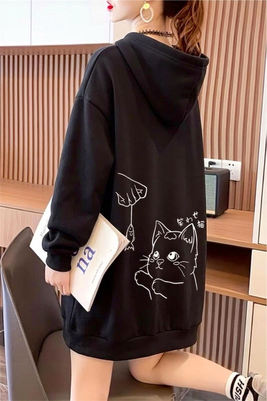 Sw Fish And Cat Sırt Baskılı Kadın Kapüşonlu Sweatshirt