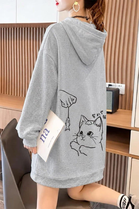 Sw Fish And Cat Sırt Baskılı Kadın Kapüşonlu Sweatshirt