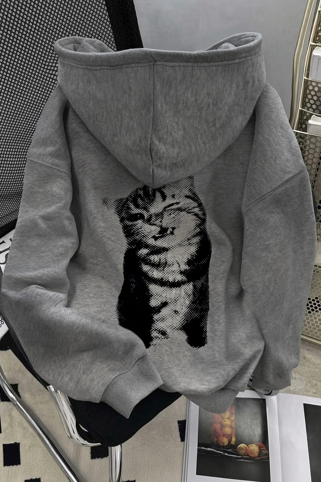 Sw Flu Kedi Baskılı İki İplik Pamuklu Erkek Kanguru Cepli Kapüşonlu Sweatshirt / Hoodie