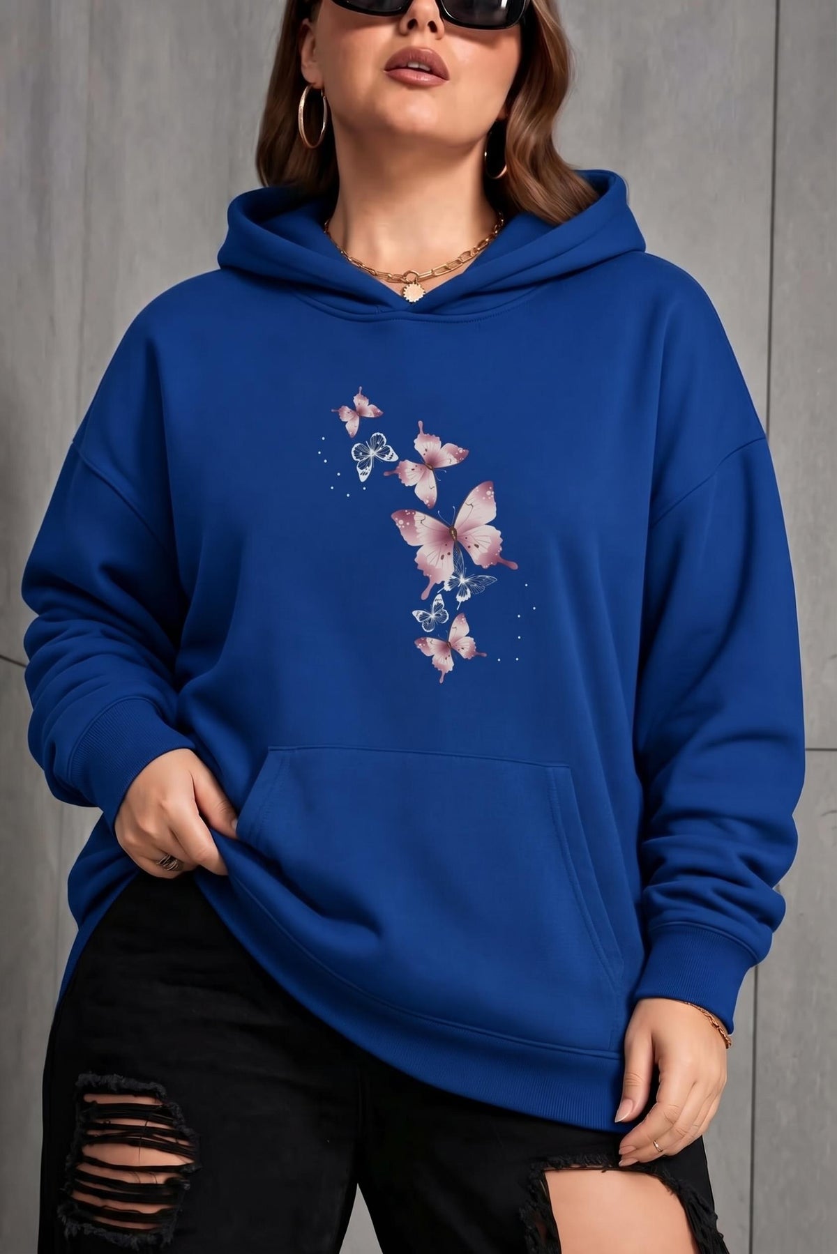 Sw Kelebek Baskılı Kadın Büyük Beden Battal Kapüşonlu İki İplik Pamuklu Sweatshirt Rahat Kesim