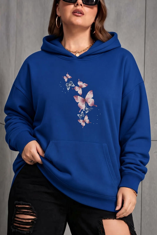 Sw Kelebek Baskılı Kadın Büyük Beden Battal Kapüşonlu İki İplik Pamuklu Sweatshirt Rahat Kesim