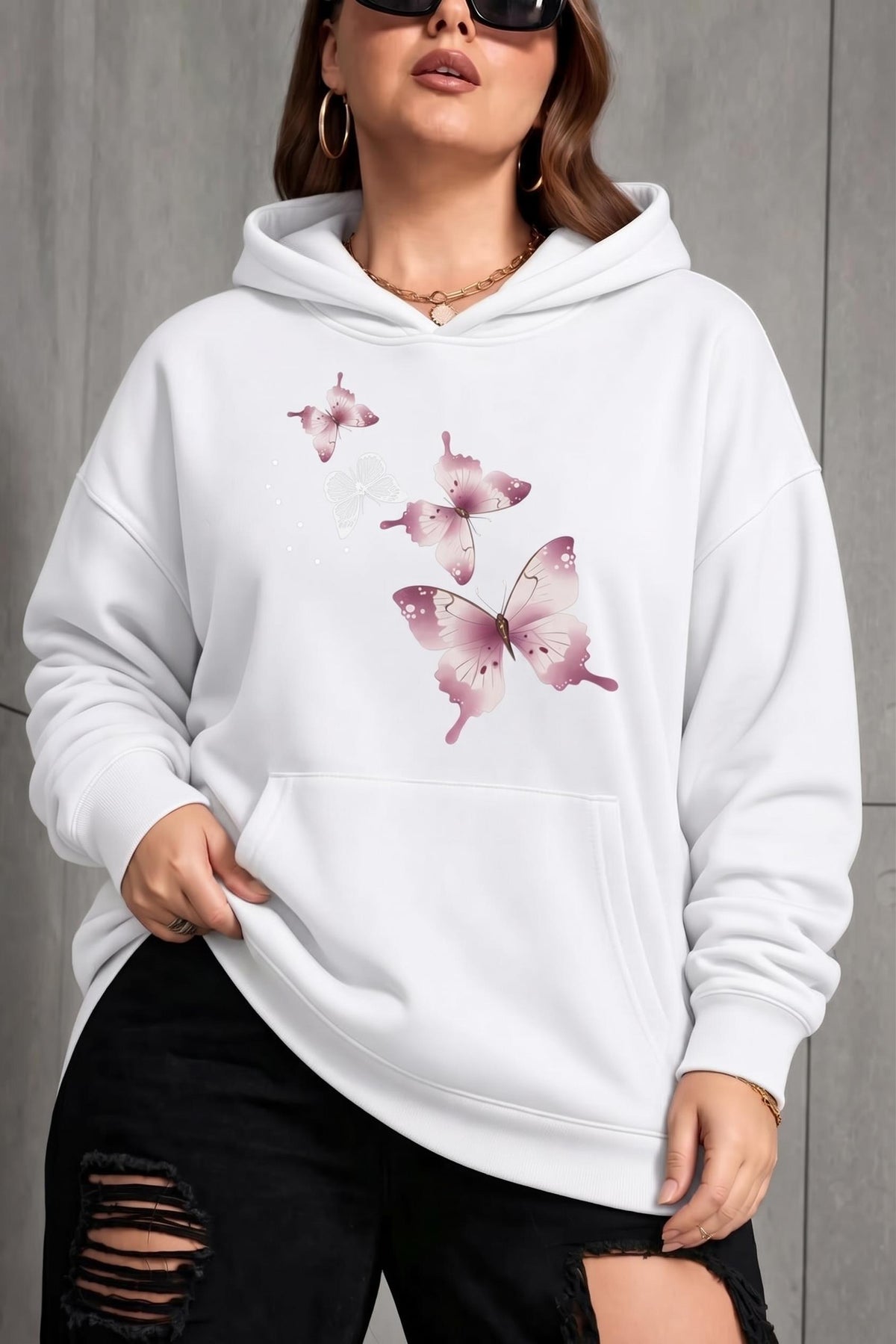 Sw Kelebek Baskılı Kadın Büyük Beden Battal Kapüşonlu İki İplik Pamuklu Sweatshirt Rahat Kesim