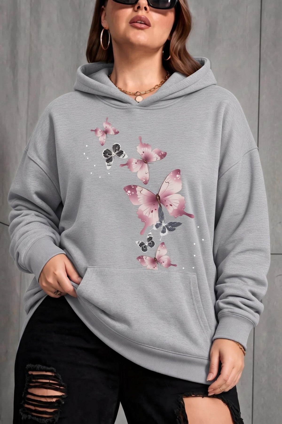 Sw Kelebek Baskılı Kadın Büyük Beden Battal Kapüşonlu İki İplik Pamuklu Sweatshirt Rahat Kesim
