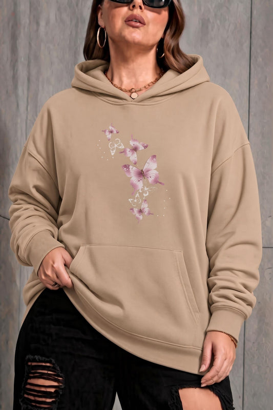 Sw Kelebek Baskılı Kadın Büyük Beden Battal Kapüşonlu İki İplik Pamuklu Sweatshirt Rahat Kesim