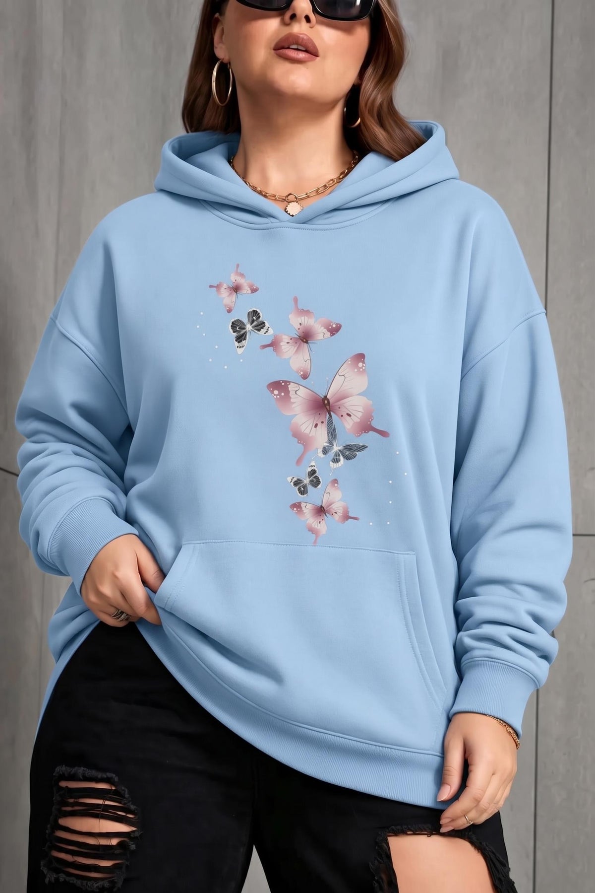 Sw Kelebek Baskılı Kadın Büyük Beden Battal Kapüşonlu İki İplik Pamuklu Sweatshirt Rahat Kesim