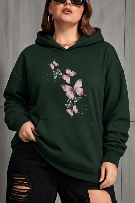 Sw Kelebek Baskılı Kadın Büyük Beden Battal Kapüşonlu İki İplik Pamuklu Sweatshirt Rahat Kesim