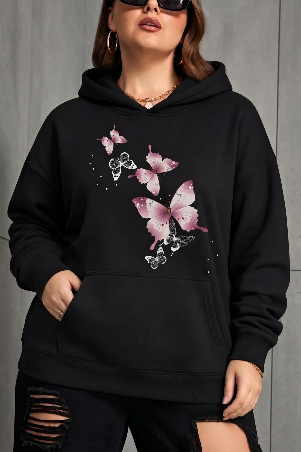 Sw Kelebek Baskılı Kadın Büyük Beden Battal Kapüşonlu İki İplik Pamuklu Sweatshirt Rahat Kesim