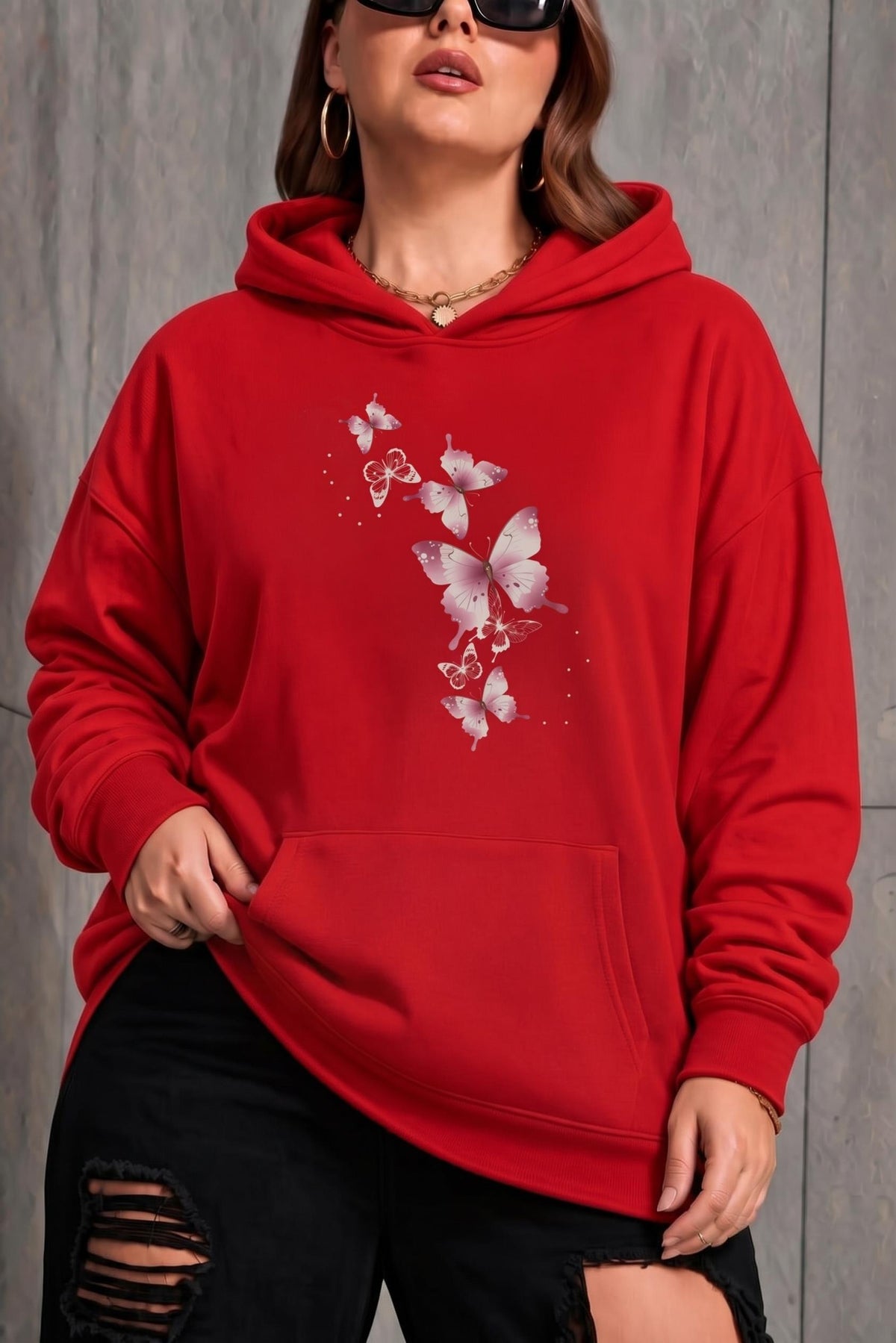 Sw Kelebek Baskılı Kadın Büyük Beden Battal Kapüşonlu İki İplik Pamuklu Sweatshirt Rahat Kesim