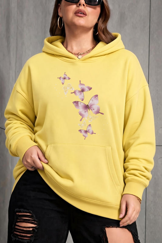 Sw Kelebek Baskılı Kadın Büyük Beden Battal Kapüşonlu İki İplik Pamuklu Sweatshirt Rahat Kesim
