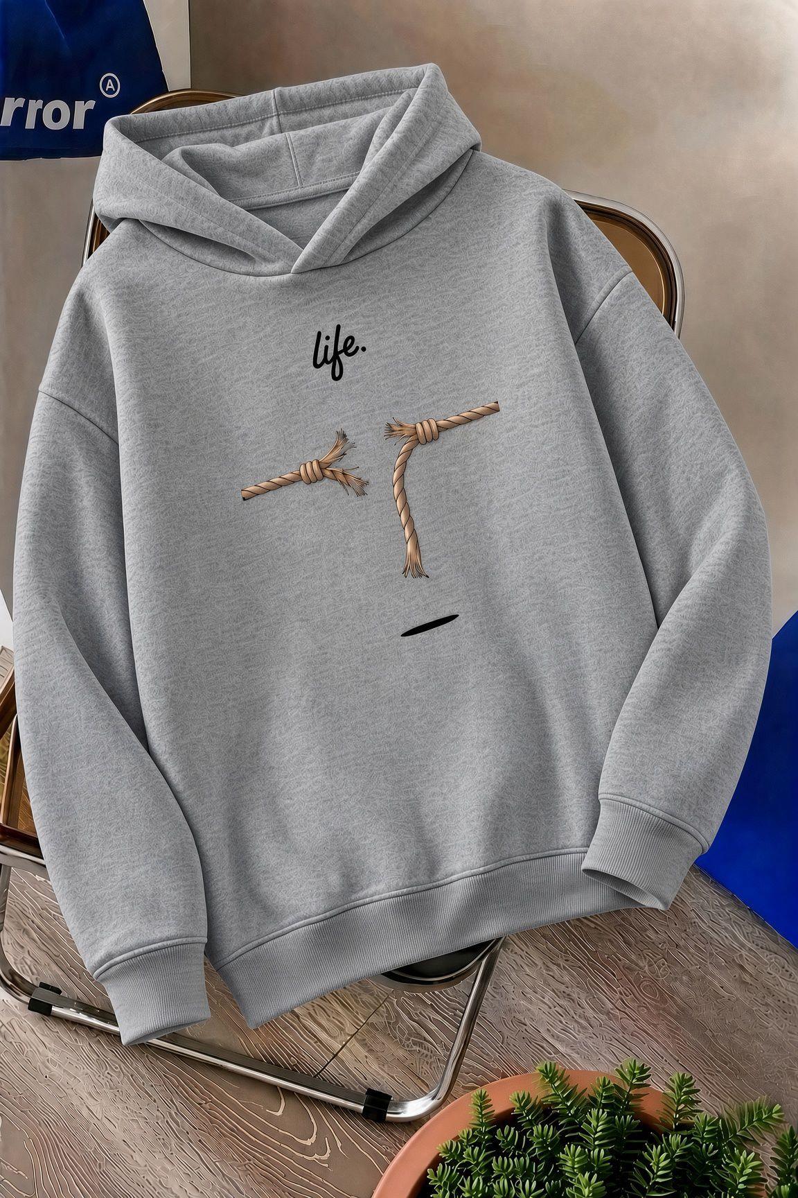 Sw Life Design Minimalist İllüstrasyon Baskılı Unisex Kapüşonlu Sweatshirt-Büyük Beden Seçenekli