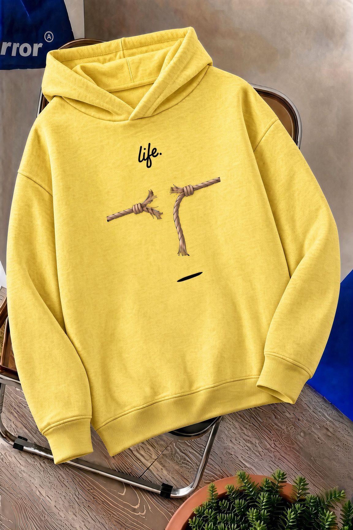 Sw Life Design Minimalist İllüstrasyon Baskılı Unisex Kapüşonlu Sweatshirt-Büyük Beden Seçenekli