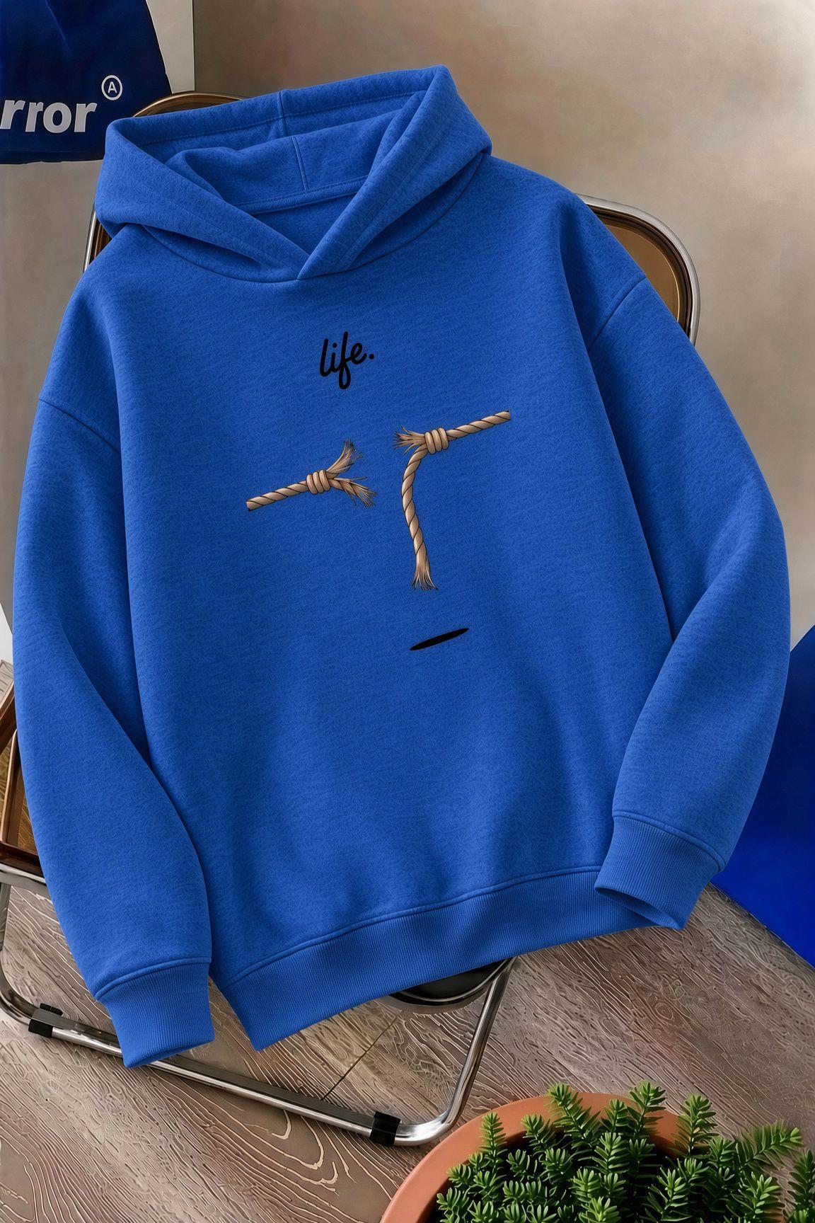 Sw Life Design Minimalist İllüstrasyon Baskılı Unisex Kapüşonlu Sweatshirt-Büyük Beden Seçenekli
