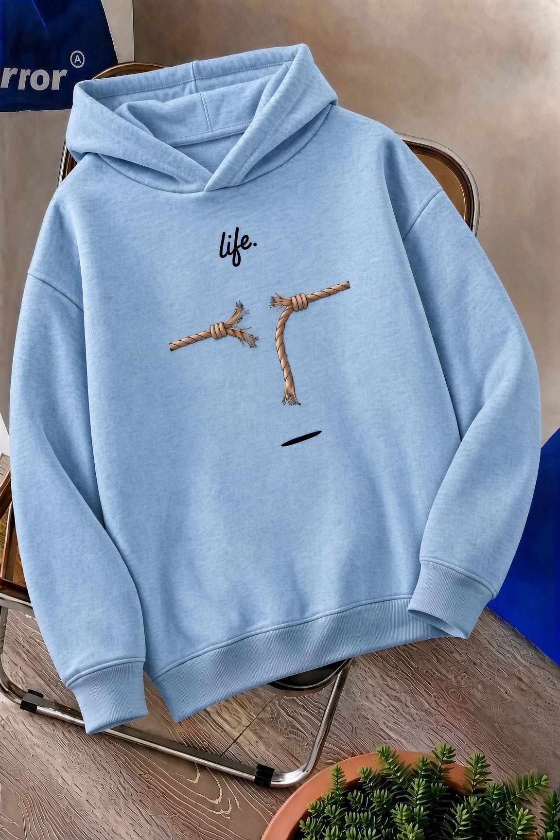 Sw Life Design Minimalist İllüstrasyon Baskılı Unisex Kapüşonlu Sweatshirt-Büyük Beden Seçenekli