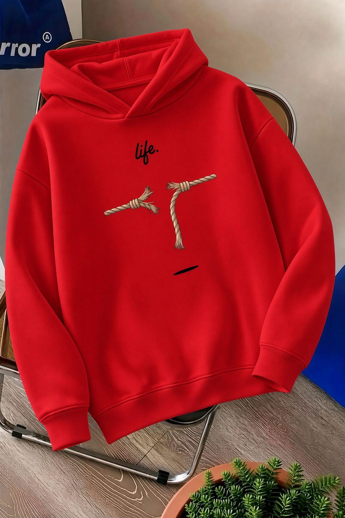 Sw Life Design Minimalist İllüstrasyon Baskılı Unisex Kapüşonlu Sweatshirt-Büyük Beden Seçenekli