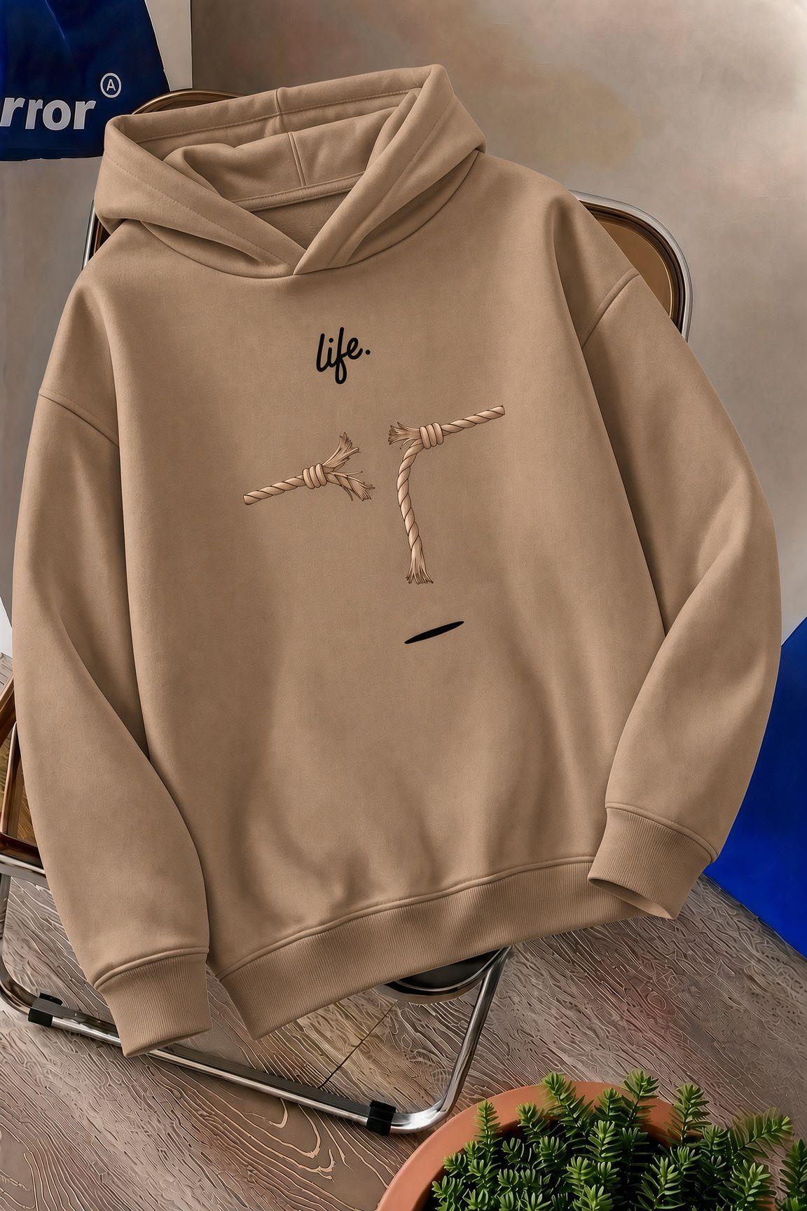 Sw Life Design Minimalist İllüstrasyon Baskılı Unisex Kapüşonlu Sweatshirt-Büyük Beden Seçenekli