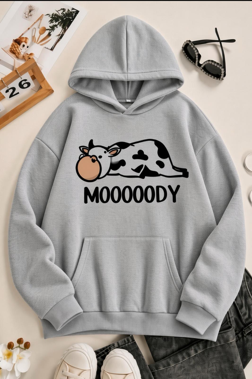 Sw Moooody Sevimli İnek Ön Baskılı Unisex Oversize Kapüşonlu Sweatshirt - Hoodie