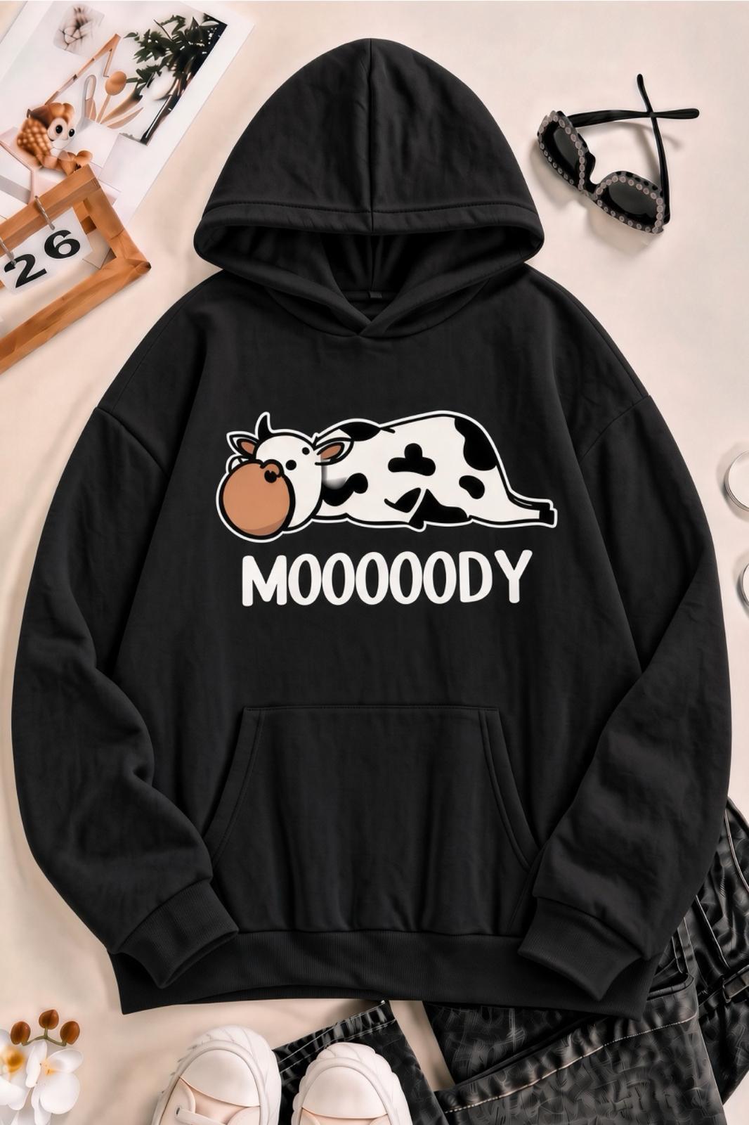 Sw Moooody Sevimli İnek Ön Baskılı Unisex Oversize Kapüşonlu Sweatshirt - Hoodie