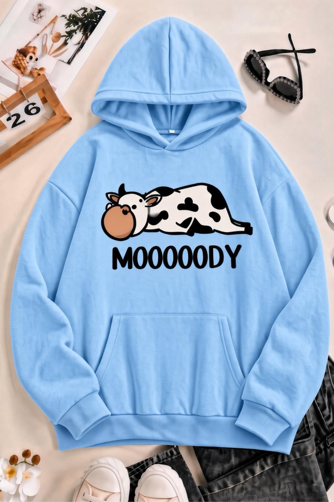 Sw Moooody Sevimli İnek Ön Baskılı Unisex Oversize Kapüşonlu Sweatshirt - Hoodie