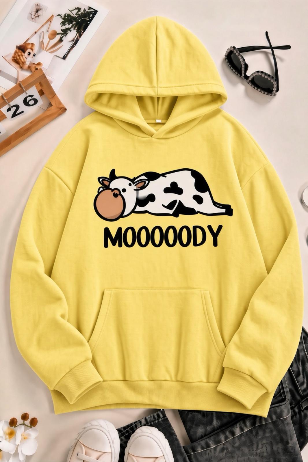 Sw Moooody Sevimli İnek Ön Baskılı Unisex Oversize Kapüşonlu Sweatshirt - Hoodie