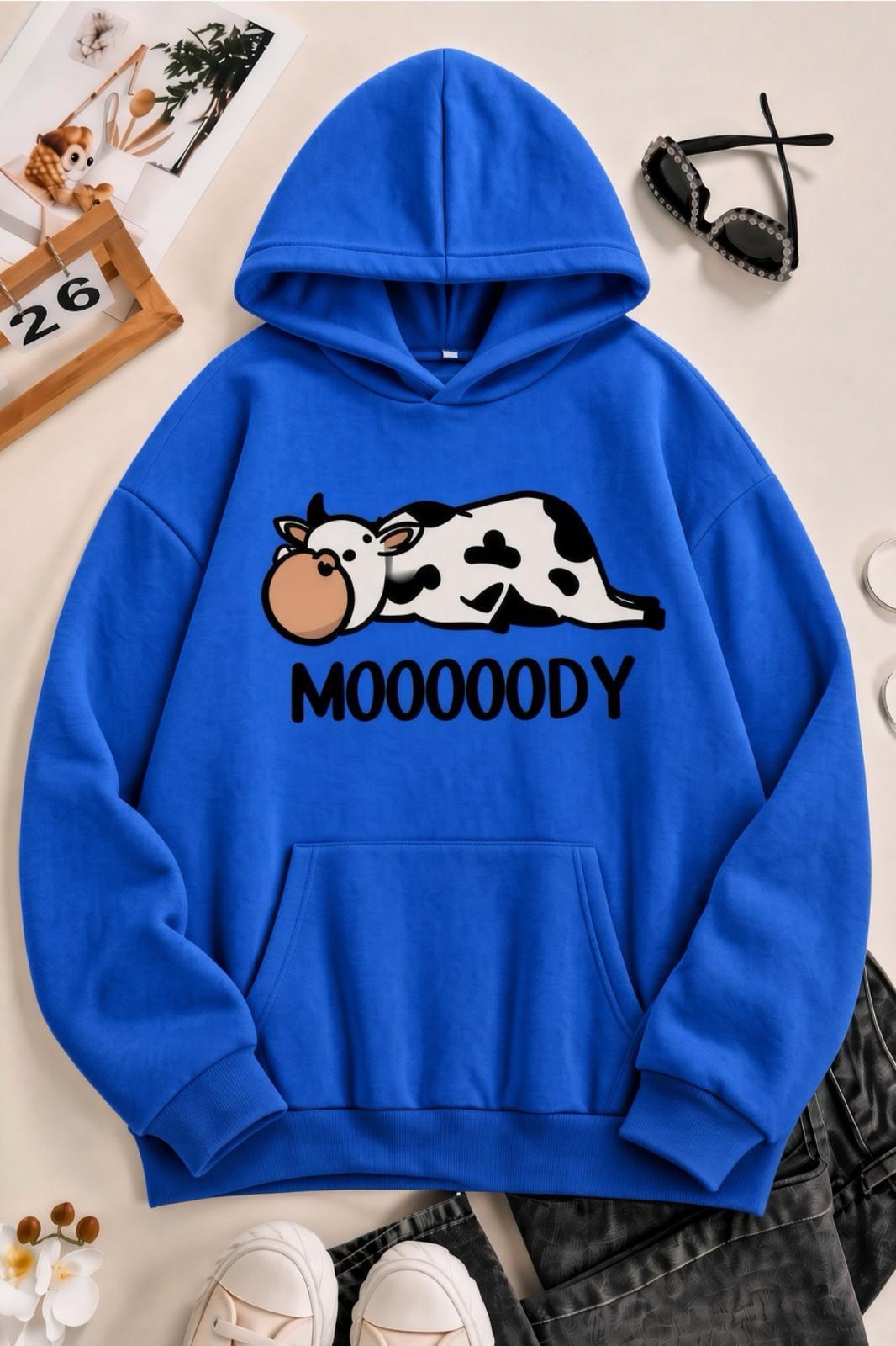 Sw Moooody Sevimli İnek Ön Baskılı Unisex Oversize Kapüşonlu Sweatshirt - Hoodie