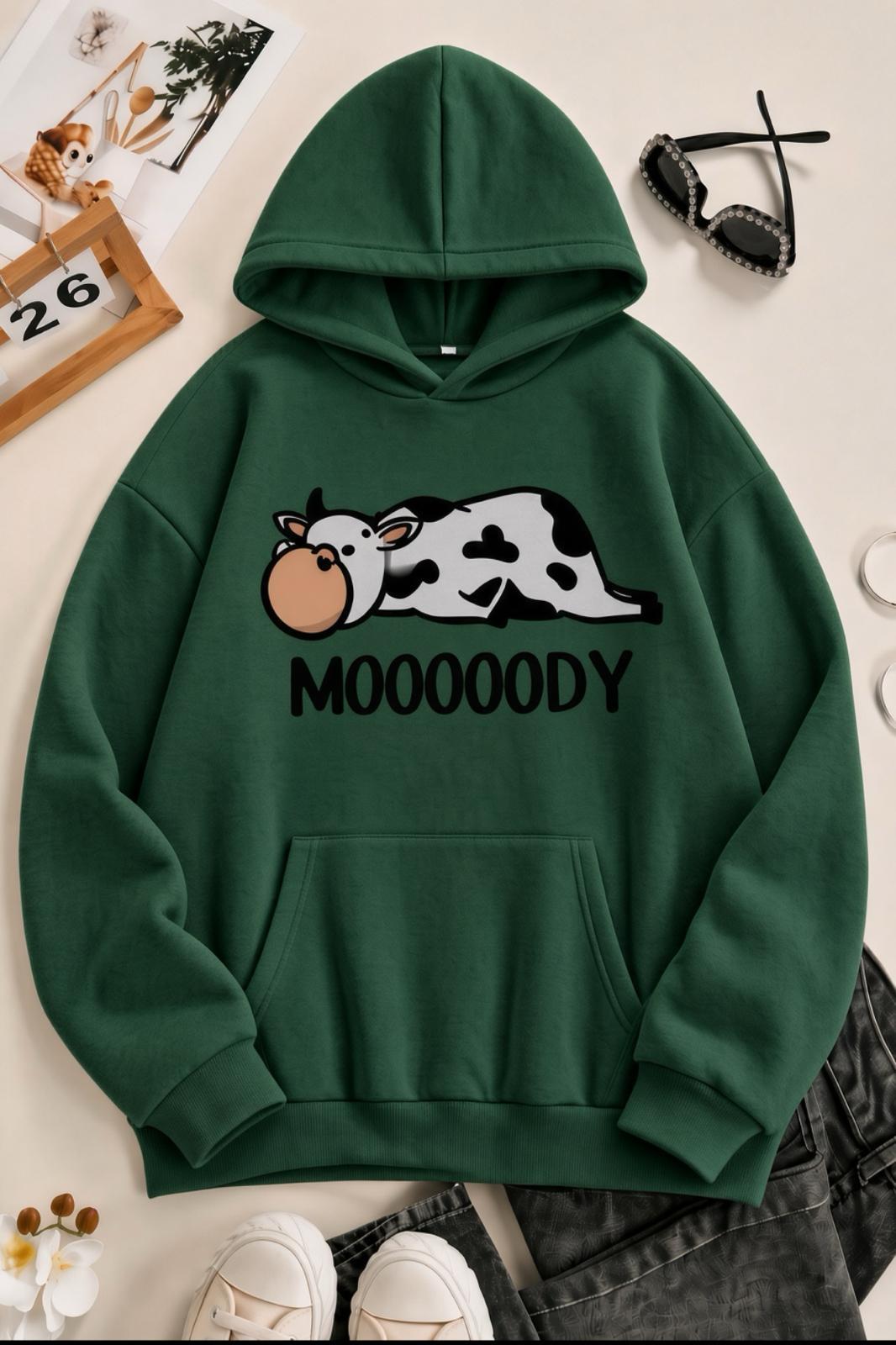 Sw Moooody Sevimli İnek Ön Baskılı Unisex Oversize Kapüşonlu Sweatshirt - Hoodie