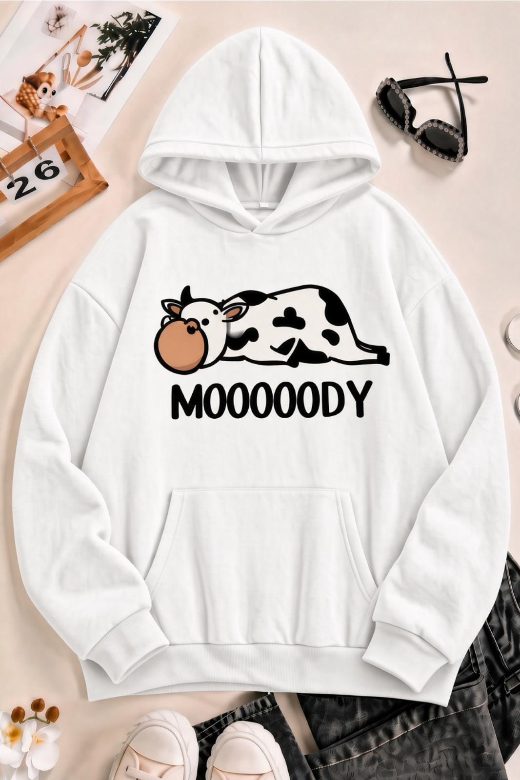 Sw Moooody Sevimli İnek Ön Baskılı Unisex Oversize Kapüşonlu Sweatshirt - Hoodie