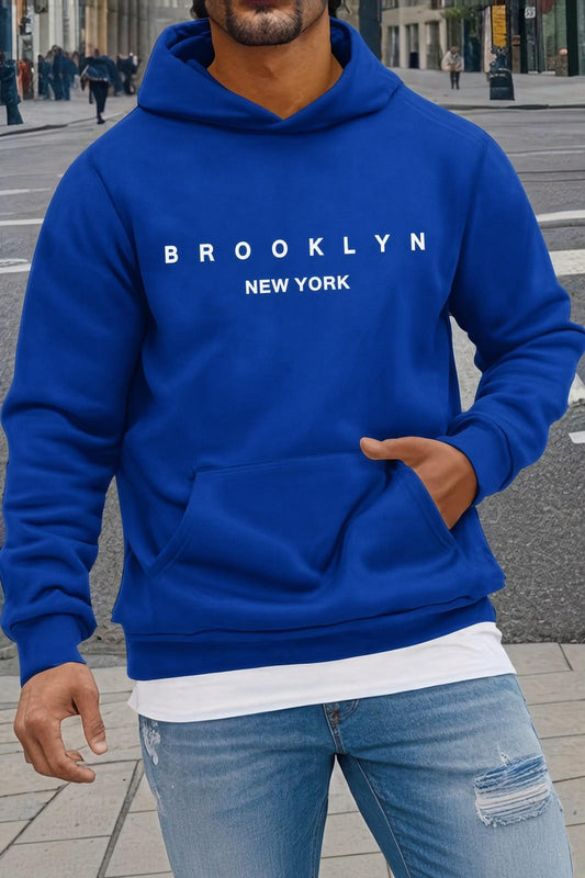 Sw Newyork Brooklyn Baskılı İki İplik Pamuklu Erkek Kanguru Cepli Kapüşonlu Sweatshirt / Hoodie