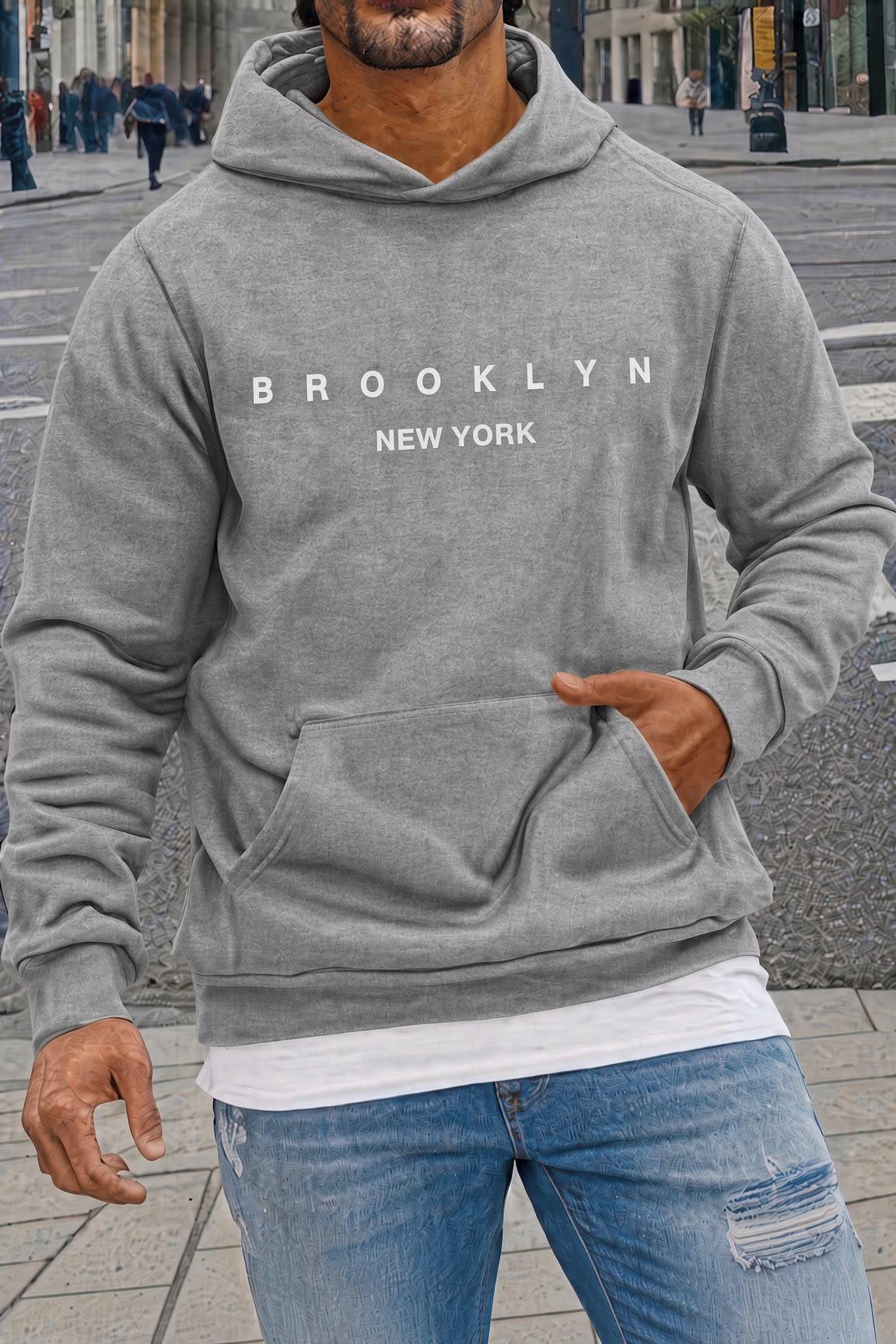 Sw Newyork Brooklyn Baskılı İki İplik Pamuklu Erkek Kanguru Cepli Kapüşonlu Sweatshirt / Hoodie