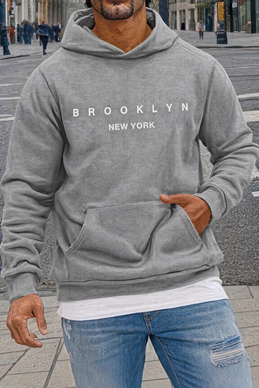 Sw Newyork Brooklyn Baskılı İki İplik Pamuklu Erkek Kanguru Cepli Kapüşonlu Sweatshirt / Hoodie