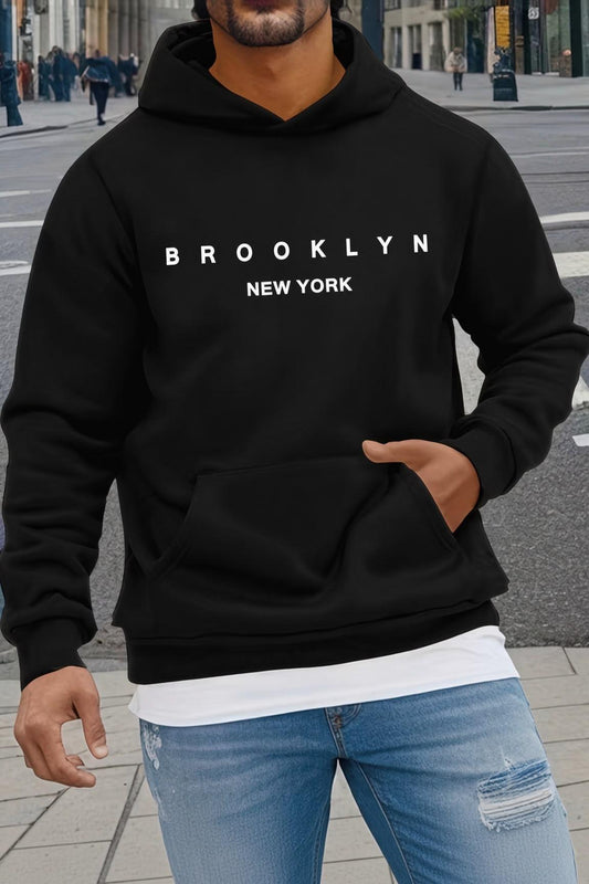 Sw Newyork Brooklyn Baskılı İki İplik Pamuklu Erkek Kanguru Cepli Kapüşonlu Sweatshirt / Hoodie